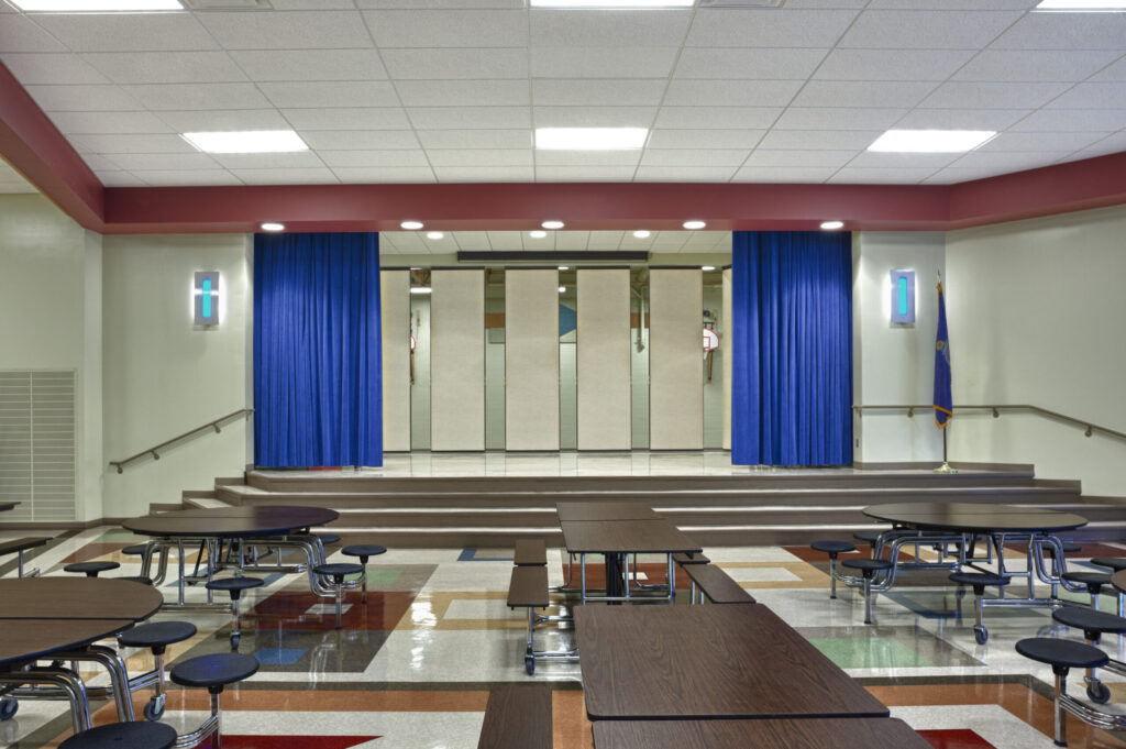 School cafeteria stage movable wall application, high sound control, durable steel construction