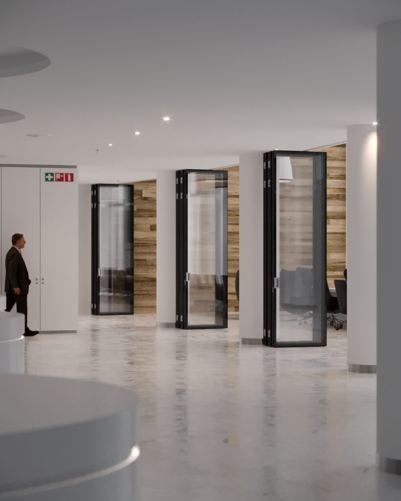 LUNA folding glass partitions with no floor tracks exclusively by Kwik-Wall